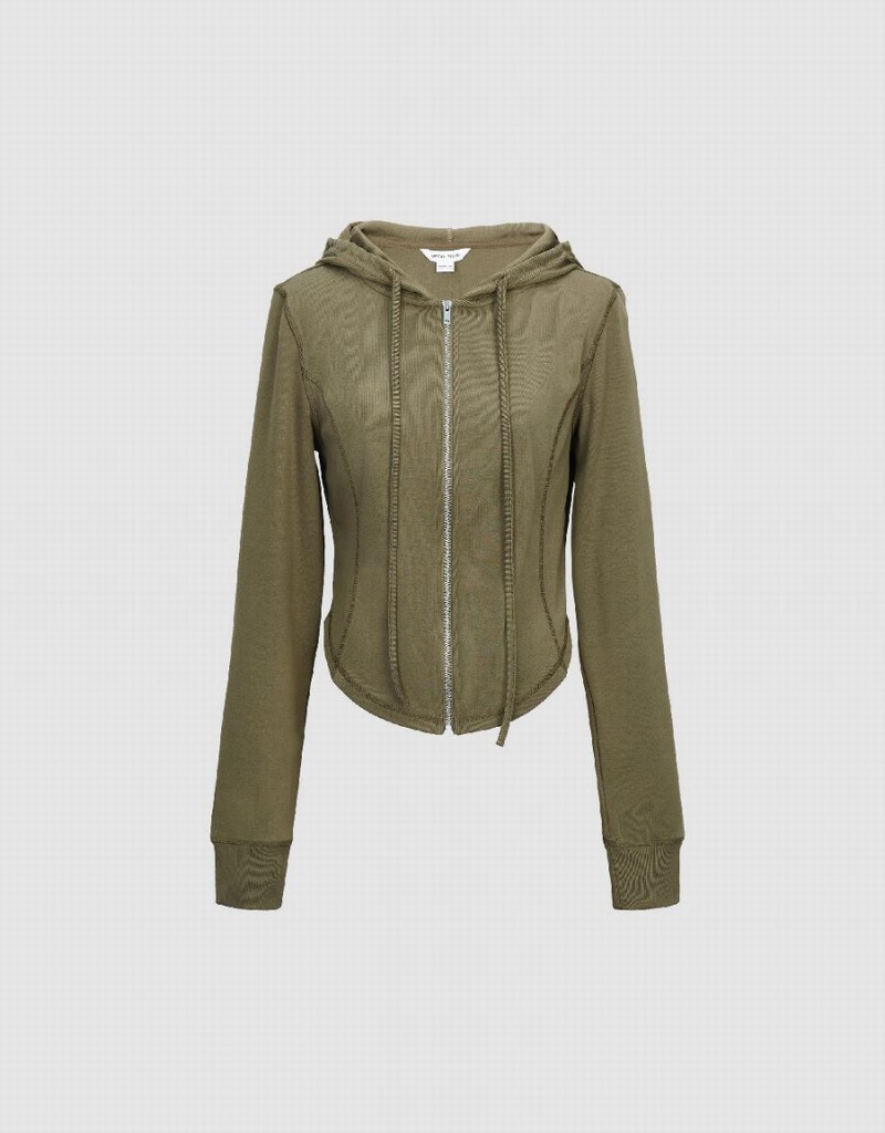 Veste À Capuche Urban Revivo Zippé Front Mince Tricoté Femme Vert | HHJ3061KG