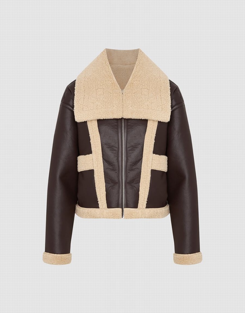 Vestes En Cuir Urban Revivo Vegan With Furry Collar Femme Marron | RWG5683OU