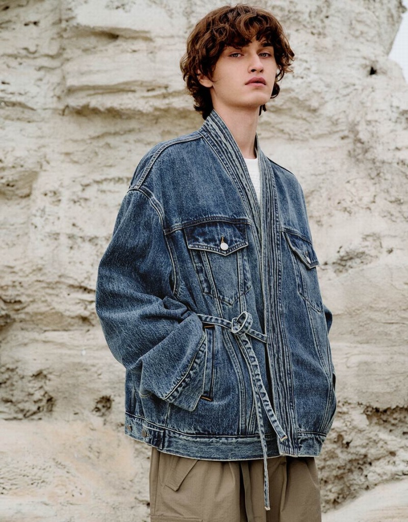 Vestes En Jean Urban Revivo Kimono Lapel Homme Bleu | LWQ2129FV