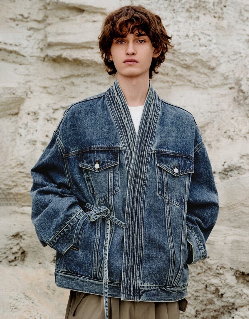 Vestes En Jean Urban Revivo Kimono Lapel Homme Bleu | LWQ2129FV