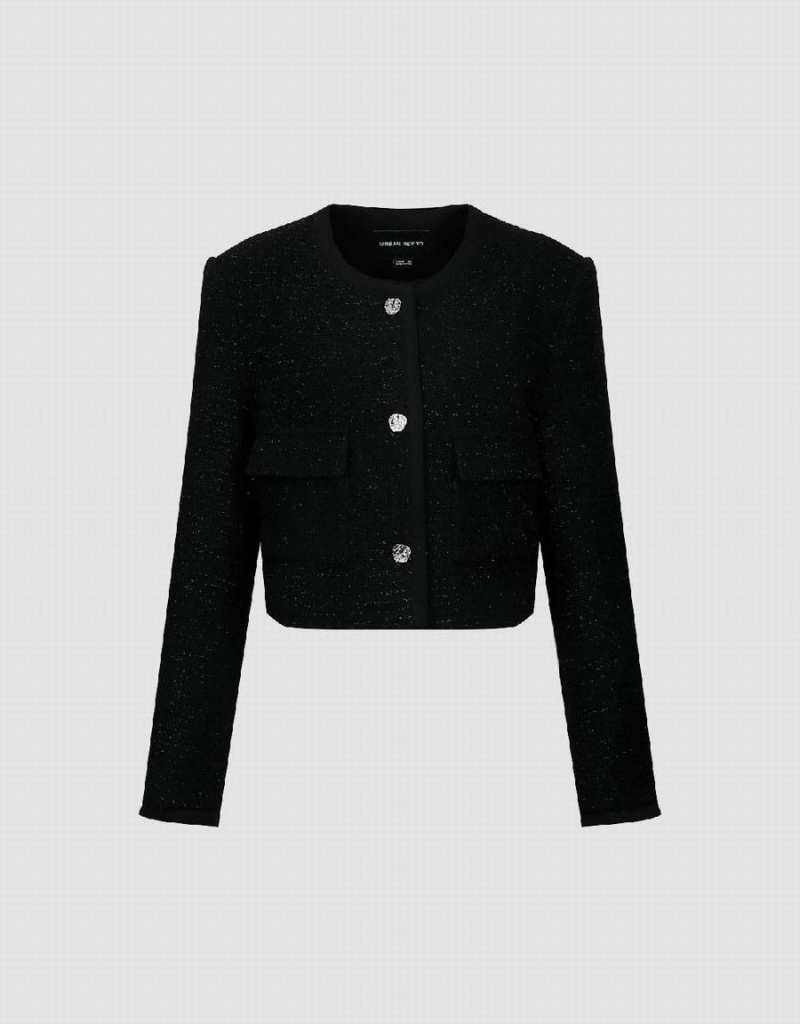 Vestes Urban Revivo Crew Neck Tweed Femme Noir | BLW2483GM