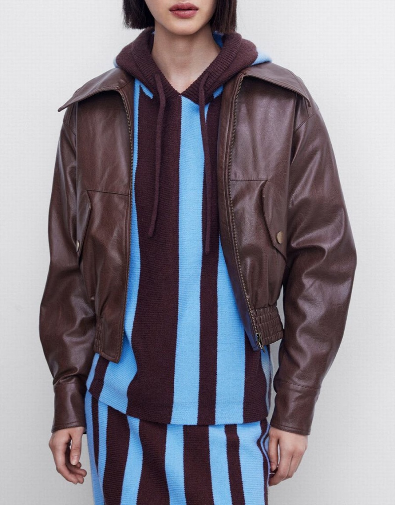 Vestes Urban Revivo Faux Cuir Zip Up Femme Marron | MWW6443LZ
