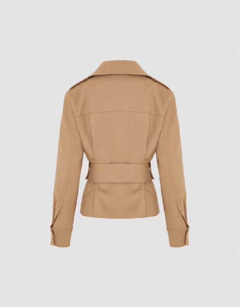 Vestes Urban Revivo Notch Lapel Skater With Belt Femme Kaki Clair | MYT5456ZR