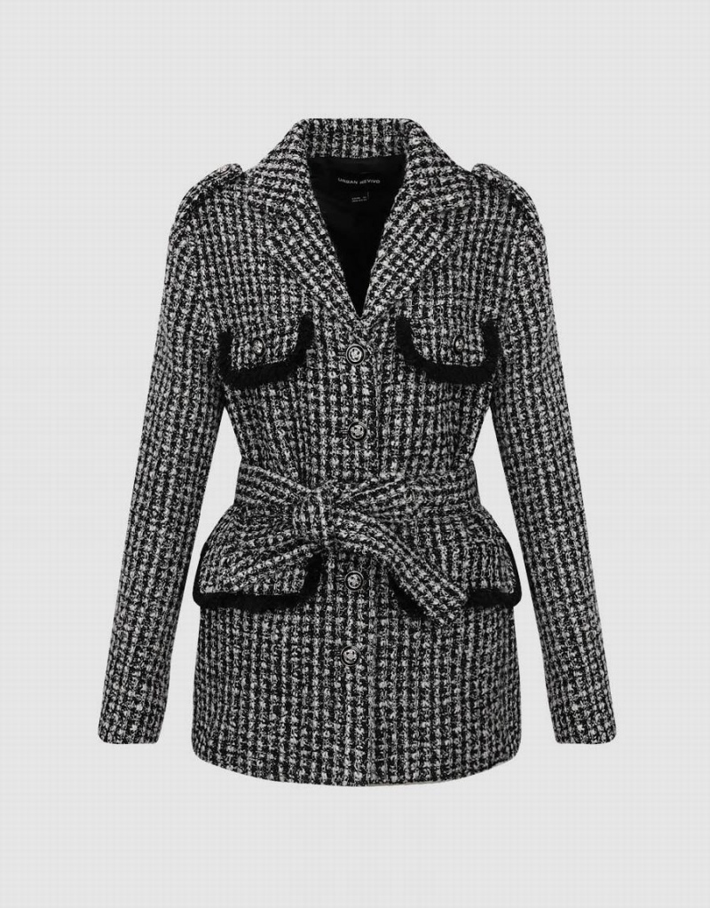 Vestes Urban Revivo Notch Lapel Tweed With Belt Femme Noir | QUZ23100CT