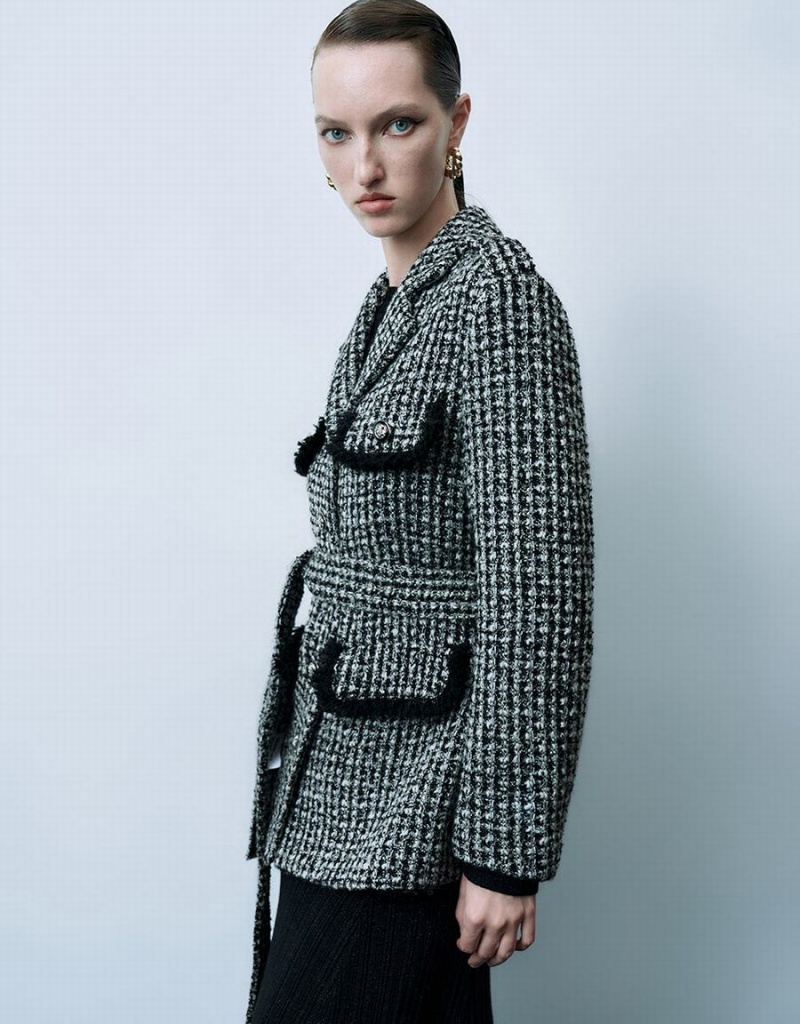 Vestes Urban Revivo Notch Lapel Tweed With Belt Femme Noir | QUZ23100CT