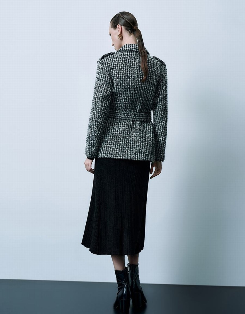 Vestes Urban Revivo Notch Lapel Tweed With Belt Femme Noir | QUZ23100CT