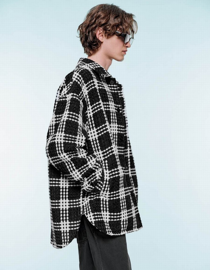Vestes Urban Revivo Plaid Loose Checkered Homme Noir | PMS689BB