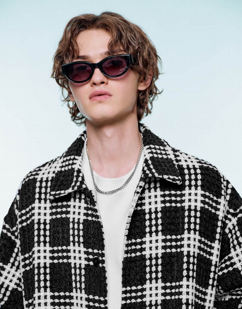 Vestes Urban Revivo Plaid Loose Checkered Homme Noir | PMS689BB