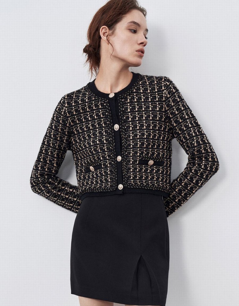 Vestes Urban Revivo Plaid Tweed Femme Noir | FTU436KC