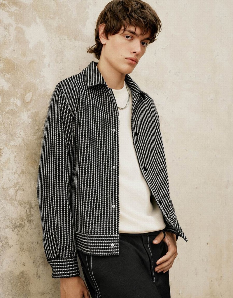 Vestes Urban Revivo Press Button Rayé Homme Noir | AFN417NS