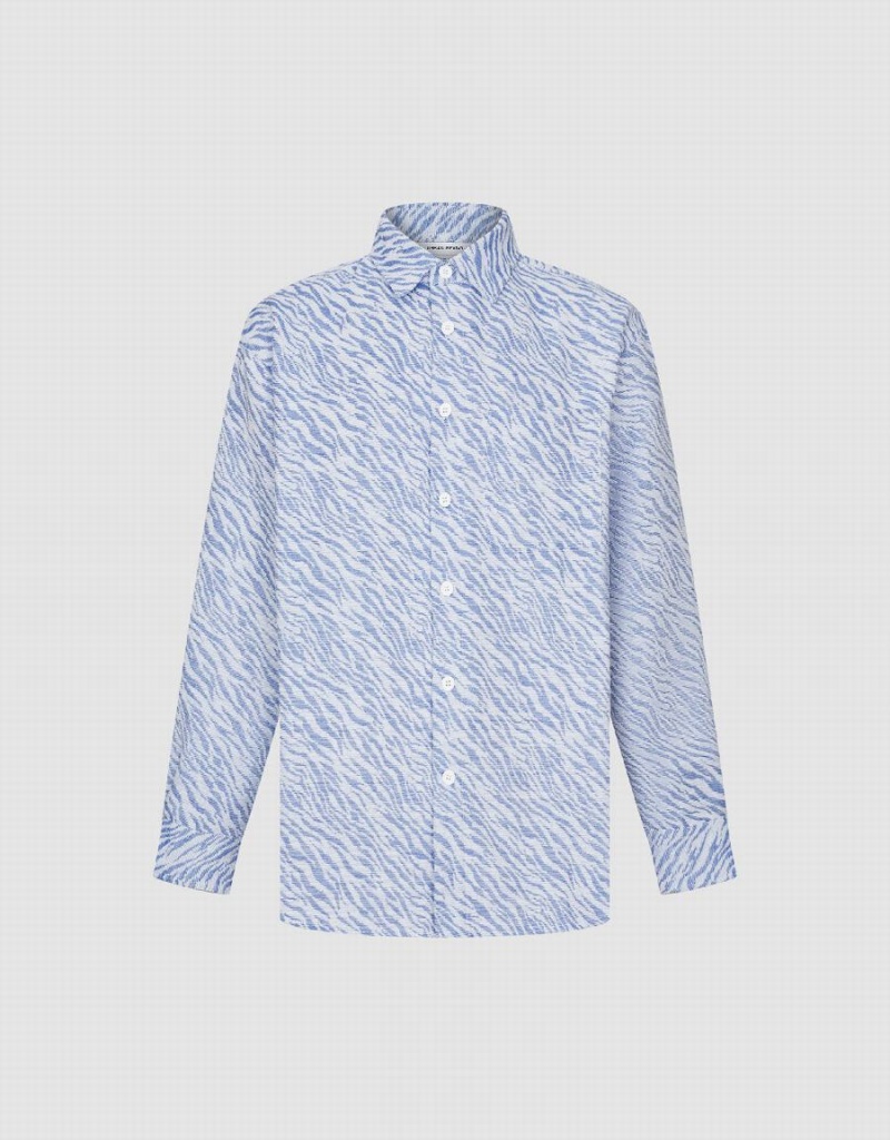 Vestes Urban Revivo Printed Button Up Oversized Homme Bleu | RPS2928DQ
