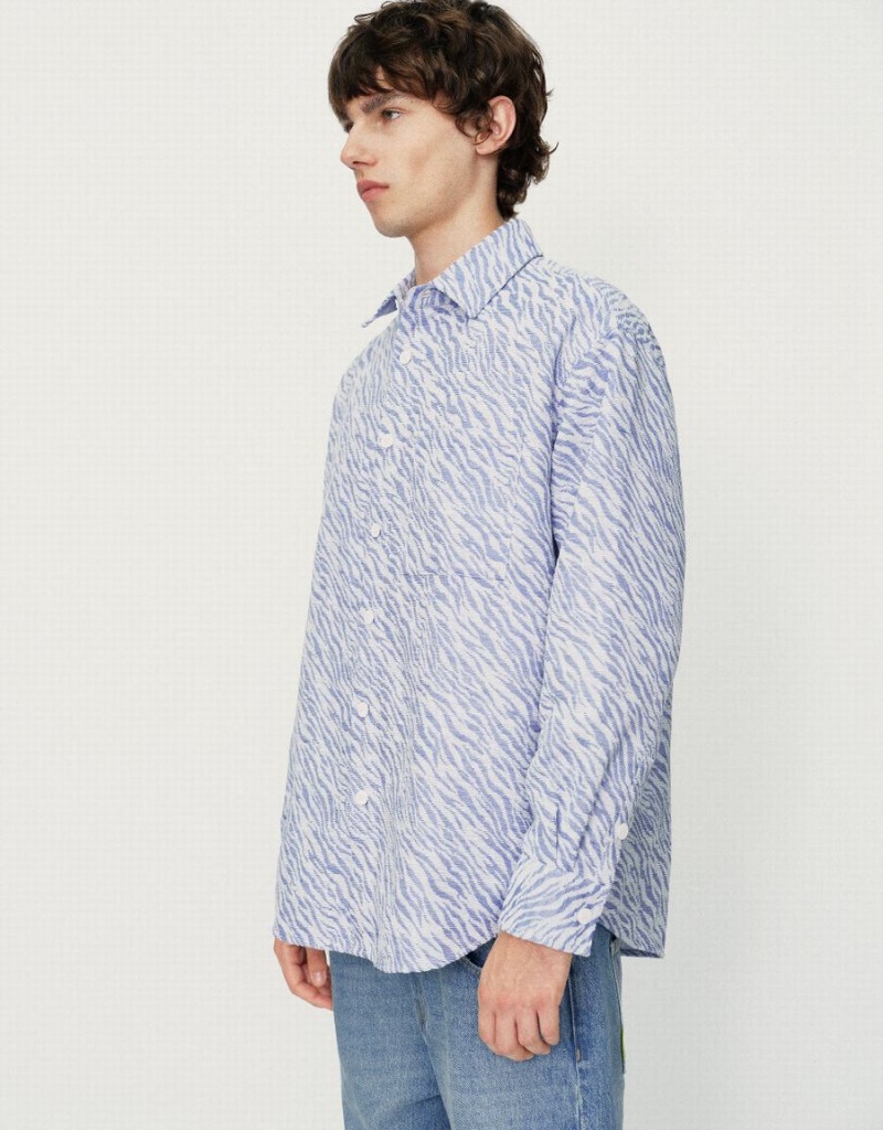 Vestes Urban Revivo Printed Button Up Oversized Homme Bleu | RPS2928DQ