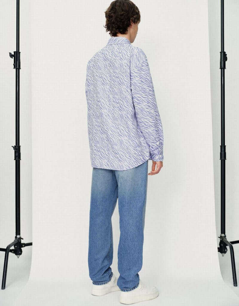 Vestes Urban Revivo Printed Button Up Oversized Homme Bleu | RPS2928DQ