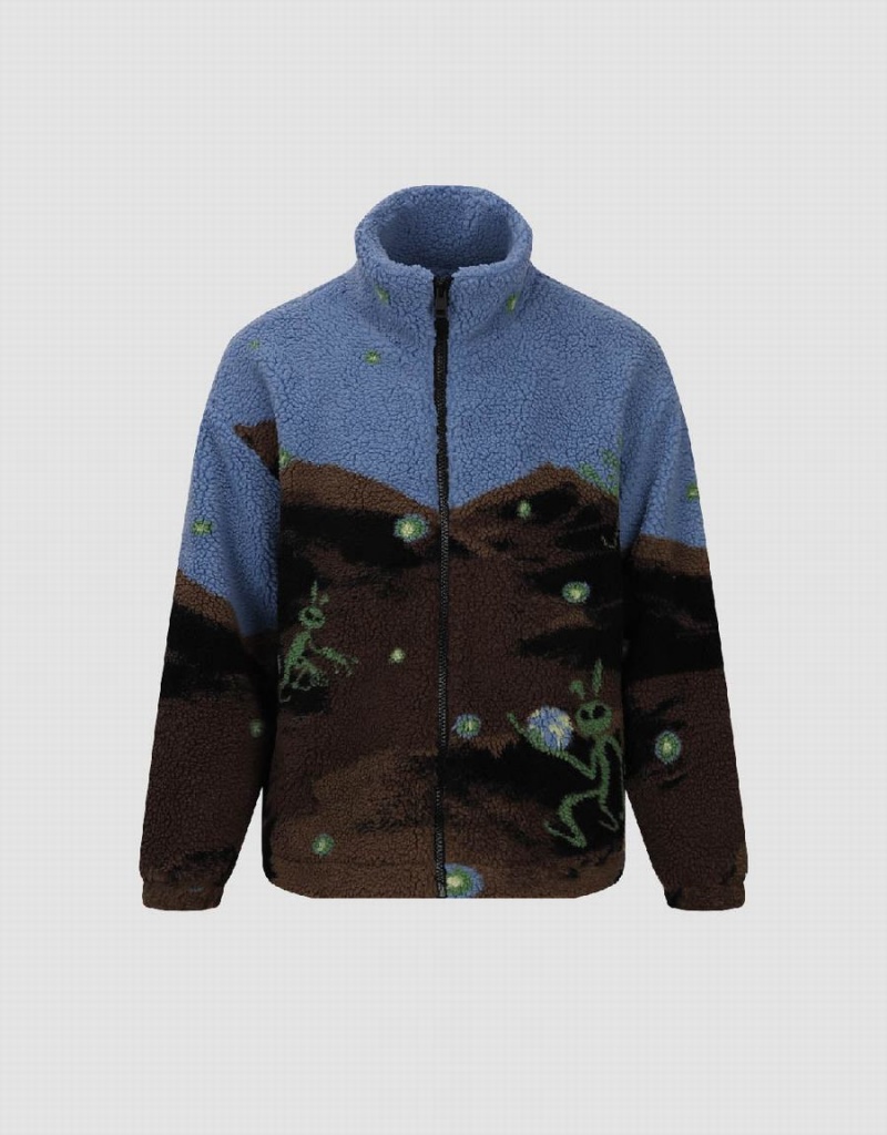 Vestes Urban Revivo Printed Stand Collar Furry Homme Bleu Marron | LZF6031UM