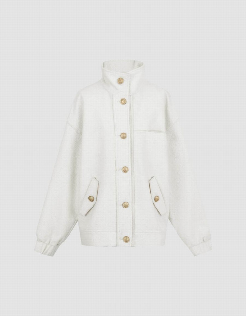 Vestes Urban Revivo Stand Collar Woolen Femme Blanche | SBR9193KR
