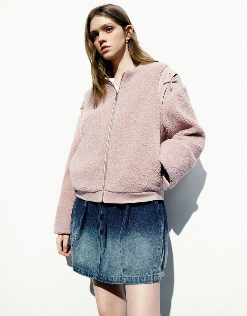 Vestes Urban Revivo Zippé Front Furry A-Line Femme Rose | ZYR8099TF