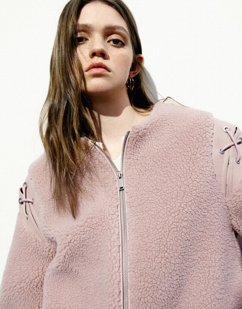 Vestes Urban Revivo Zippé Front Furry A-Line Femme Rose | ZYR8099TF