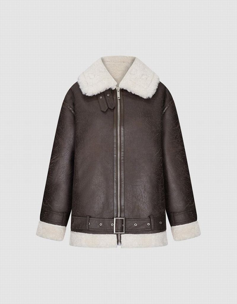 Vestes Urban Revivo Zippé Front Furry Femme Marron | UYR6657ZR